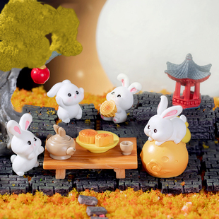 微景观树脂工艺品中秋节玉兔，月饼可爱卡通，动物兔子园艺装饰品摆件