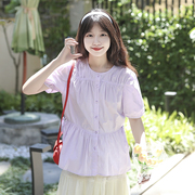 艺野系法式温柔风紫色短袖衬衫女夏设计感甜美清新减龄泡泡袖上衣