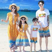 沙滩亲子装2023夏装母女，连衣裙一家三口套装父子，短袖情侣装潮