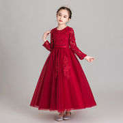 儿童礼服公主裙女童蓬蓬，纱红色长袖小女孩，走秀花童婚礼钢琴演出服