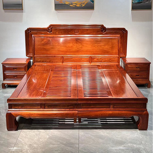 红木床花梨木双人床中式缅花家具1.8米实木大床镂空防潮床板