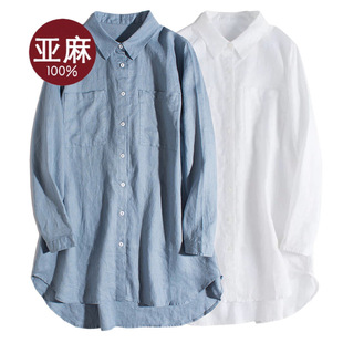 日式无印100%纯亚麻白色长袖，衬衫轻薄透气防晒衣，宽松文艺女装上衣