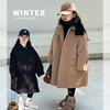 女童韩版大牌时尚长款尼大衣，2023冬装女宝宝，加厚外套女童加棉保暖
