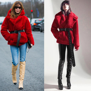 秋冬极简羊羔绒面料收腰保暖短款红色大衣，仿皮草上衣外套