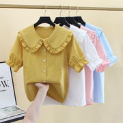 法式雪纺娃娃领短袖衬衫，女夏季2024年洋气，韩版泡泡袖t恤上衣