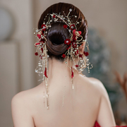 敬酒服新娘头饰酒红色花朵，对夹耳环套装，水钻流苏发夹礼服配饰品