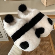 女士冬季卡通可爱熊猫毛绒绒包头棉拖鞋居家室内保暖月子软底鞋