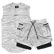 肌肉男士夏季套装健身背心短裤两件套运动迷彩男短套跑步训练套装