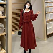 女装大码2023秋季法式复古红色假两件蝴蝶结长袖气质连衣裙女