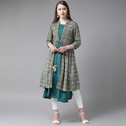野人小饰 印度女装深绿色绵绸印花民族风中长款假两件上衣