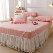 全棉夹棉加厚床裙纯棉色织，水洗棉床罩纯色韩版蕾丝，1.5m1.8米床盖