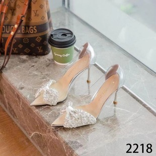钎金鸟2218夏季透明细跟设计感小众蝴蝶结水钻尖头单鞋8cm