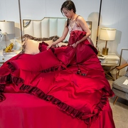 婚庆冰丝四件套结婚大p红色床单被套床裙1.8米床笠婚房夏季4件套