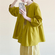 crisp日系棉麻衬衫，上衣女七分袖小众设计感娃娃衫衬衣2022年
