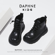 达芙妮女童靴子秋季儿童短靴，2023马丁靴春秋，黑色男童英伦皮靴