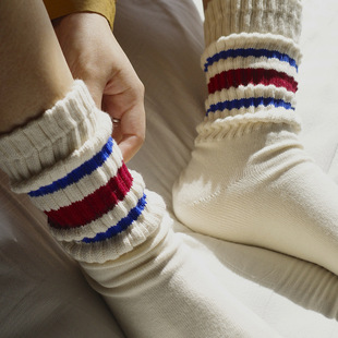 91%纯棉袜美式复古撞色条纹长筒袜四季中筒中性风堆堆袜男女情侣
