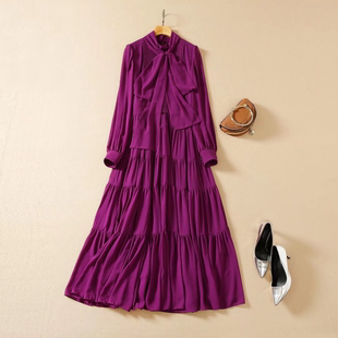 紫色褶皱大摆纯色礼服裙，22秋女装复古长袖，飘带高腰显瘦压褶连衣裙