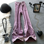 紫色工装牛仔裤女秋季美式高腰，翻边设计感渐变宽松显瘦阔腿裤