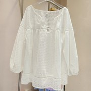 全棉法式镂空刺绣灯笼袖娃娃衫~韩版复古V领廓形度假甜美白色衬衫