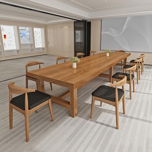 实木会议桌简约现代工业风，办公室长桌原木长条，培训桌洽谈桌椅组合