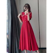高端法式红色连衣裙复古优雅赫本风收腰显瘦气质温柔订婚敬酒礼服