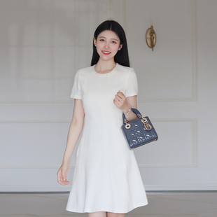 夏季白色短袖醋酸圆领气质减龄立裁摆裙小香风收腰显瘦连衣裙