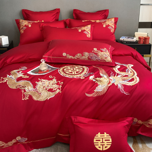 高档龙凤刺绣全棉结婚四件套大红色床单被套纯棉婚庆喜被床上用品