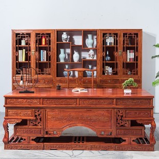 中式实木办公桌椅组合仿古写字桌榆木书柜书桌大班台，老板桌书法桌