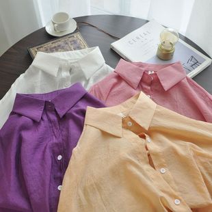 夏装纯色防晒衬衫女宽松中长款薄款韩版学生，bf风紫色衬衣薄外套