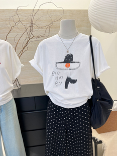 宽松短袖t恤女夏季女装韩系卡通，印花纯棉白色半袖体恤上衣打底衫