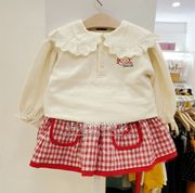 韩国女童装春装宝宝洋气红白格子短裙米白色翻领衬衣T恤套装