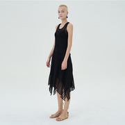 原创设计loudenannan夏季黑色无袖，亚麻大摆针织提花修身连衣裙