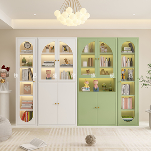 法式奶油风铁艺书柜书架2米高书橱(高书橱，)家用客厅储物玻璃柜带门展示柜