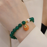 天然绿玛瑙手链淡水珍珠，弹力绳高级感抽拉手饰，金丝玉花朵手串