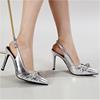 跨境2023欧美外贸女鞋尖头裂纹银色水钻拧结高跟单鞋jjm618-8