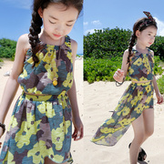 夏季童装沙滩裙女童，休闲大碎花背心裙子两件套儿童棉麻燕尾裙