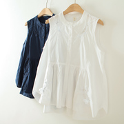 立领镂空花朵显瘦刺绣白色蕾丝无袖背心女装衬衫内搭夏季上衣蓝色