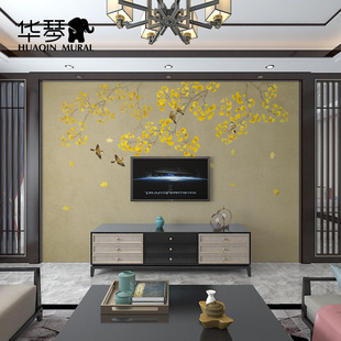 新中式古风银杏叶花鸟电视背景墙壁纸客厅沙发卧室墙纸墙布壁画