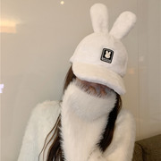 韩版网红可爱兔耳朵棒球帽女秋冬季保暖毛绒绒显脸小鸭舌帽子甜妹