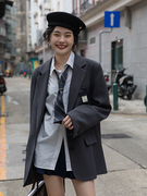 灰色西装外套标签高级设计感西装女小个子2024春秋款韩版宽松女装