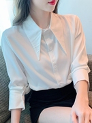 2024秋装尖领白色衬衫女设计感法式衬衣翻领，长袖个性气质上衣