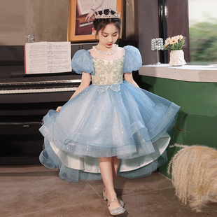 女童礼服高端儿童主持人钢琴演出服，花童生日小女孩公主裙蓝色夏季