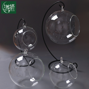 侧双孔口悬挂吊瓶透明平底球形玻璃花瓶，微景观多肉植物盆支架器皿