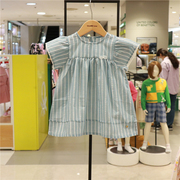 organic有机棉女童短袖连衣裙，韩国24夏季小童圆领竖条纹裙子