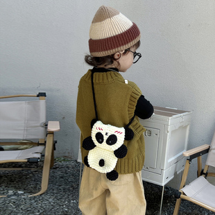 儿童包包可爱女童宝宝针织毛线斜挎包洋气男孩外出卡通熊猫手提包