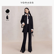 VGRASS经典黑色英伦风衣春气质中长款外套绵羊毛