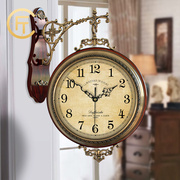 胖匠双面挂钟客厅实木新中式，金属表美式创意两面，钟表静音装饰壁钟