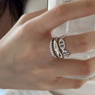 s925纯银女戒指小众设计极简扭纹双层戒指做旧质感猪鼻食指指环潮