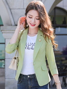 绿色西装外套女职业气质，2023夏季薄款休闲小个子短款西服上衣