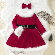 童装欧美a字裙儿童圣诞节大红丝绒，连衣裙女孩秋季演出服圣诞装扮